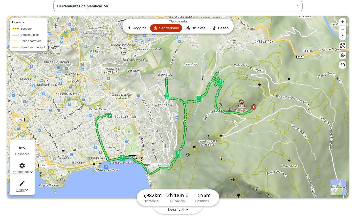 Ruta de senderismo trazada desde la orilla del lago de Annecy hasta el Mont Rampignon en MapPlanner, con la barra de estadísticas: 5,98 km, 2 h 18 min y 556 m de desnivel positivo