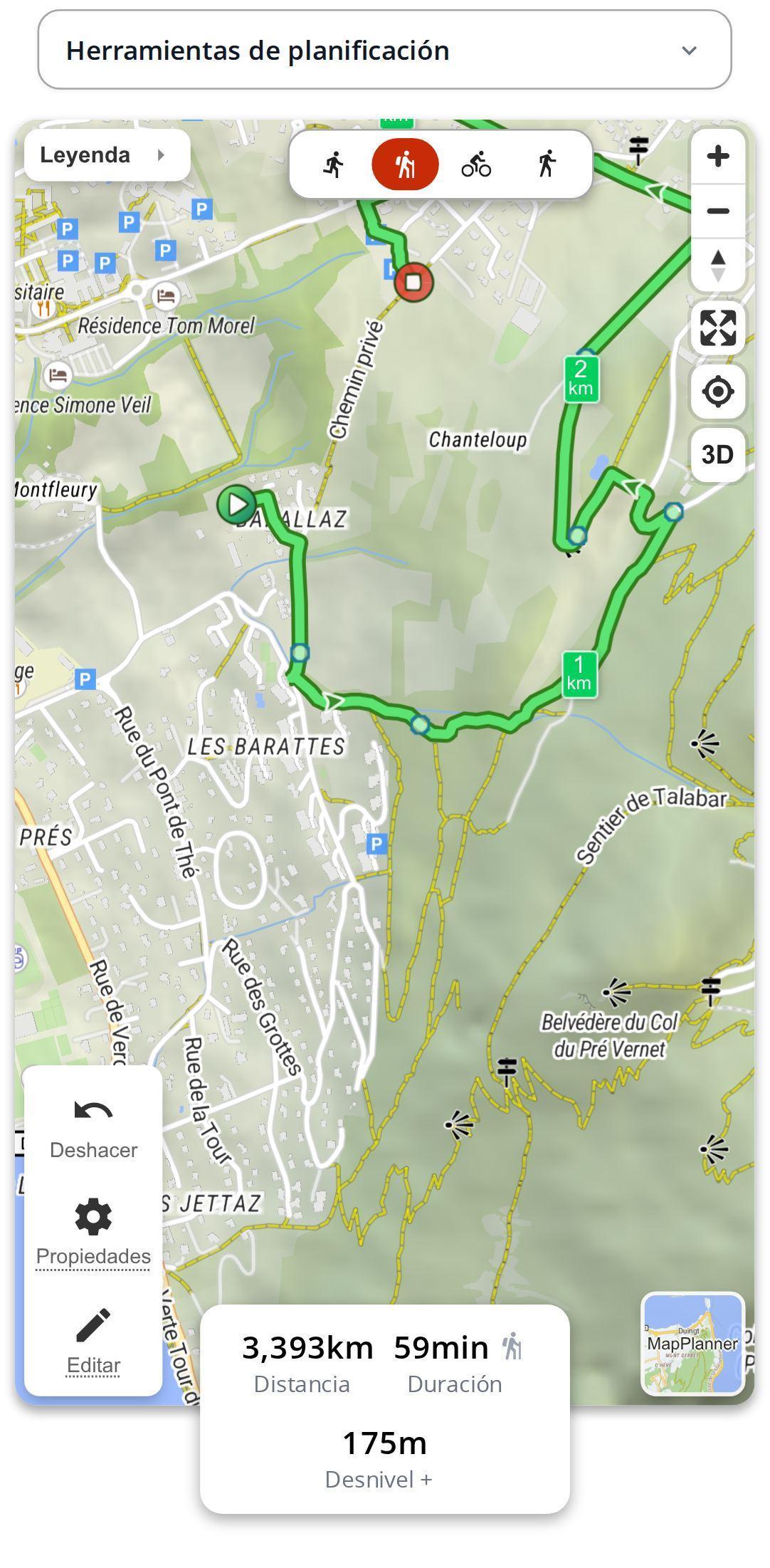 Ruta de senderismo trazándose en un smartphone con MapPlanner, con la tarjeta de estadísticas que muestra 3,4 km, 59 min y 175 m de desnivel positivo