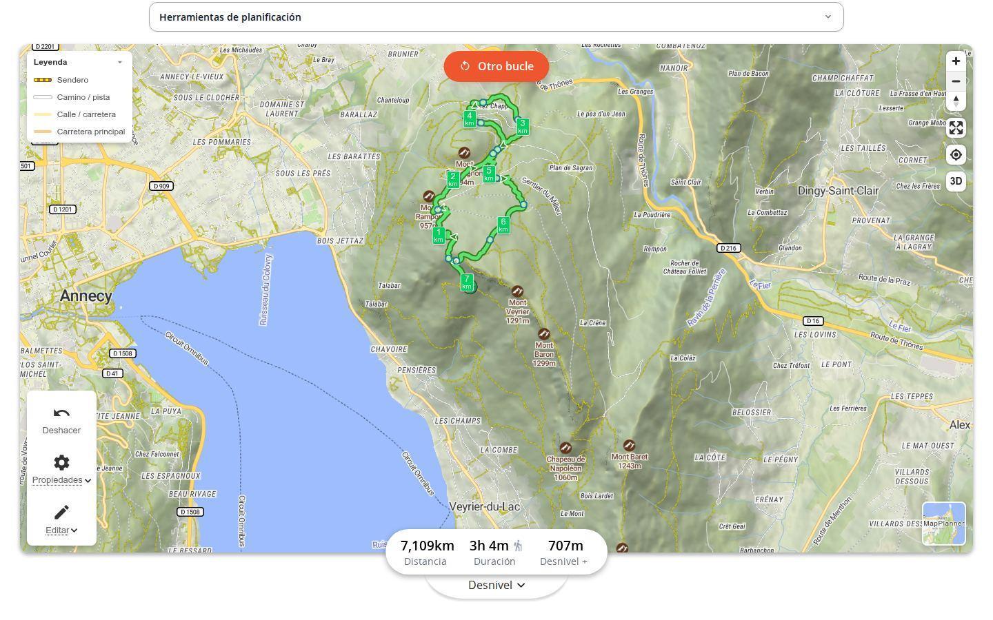 Ruta circular de senderismo generada alrededor del Mont Rampon y el Mont Rampignon, sobre Annecy, en MapPlanner, con el botón para generar otra ruta circular y las estadísticas de la ruta: 7,1 km, 3 h 4 min y 707 m de desnivel positivo