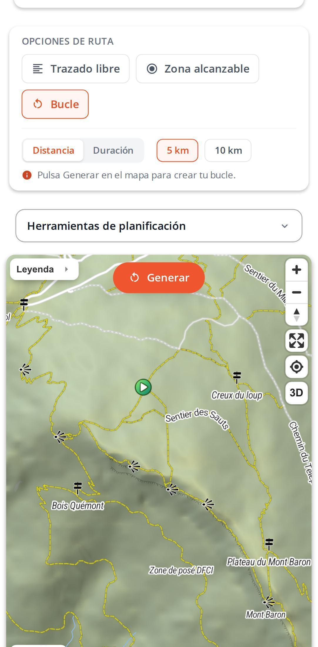 Opciones de ruta circular en un smartphone con MapPlanner: modo de ruta circular seleccionado, elección entre distancia y duración, valores de 5 km y 10 km con el botón para generar en el mapa junto al punto de salida