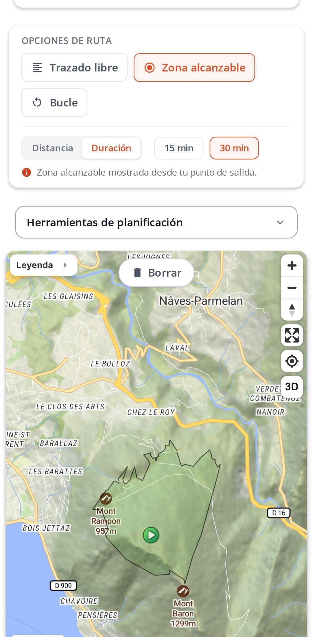 Opciones de ruta en un smartphone en MapPlanner: zona alcanzable seleccionada, elección entre distancia y duración, valores de 15 min y 30 min con la zona coloreada alrededor del punto de salida