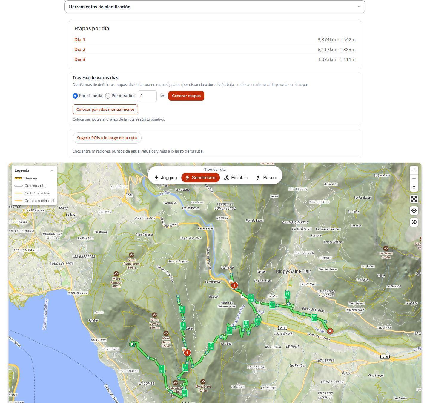 Ruta de senderismo de varios días dividida en etapas en el planificador de MapPlanner en ordenador, con las pernoctas colocadas en el trazado y el resumen de etapas por día que muestra día 1, día 2 y día 3 con su distancia y su desnivel positivo