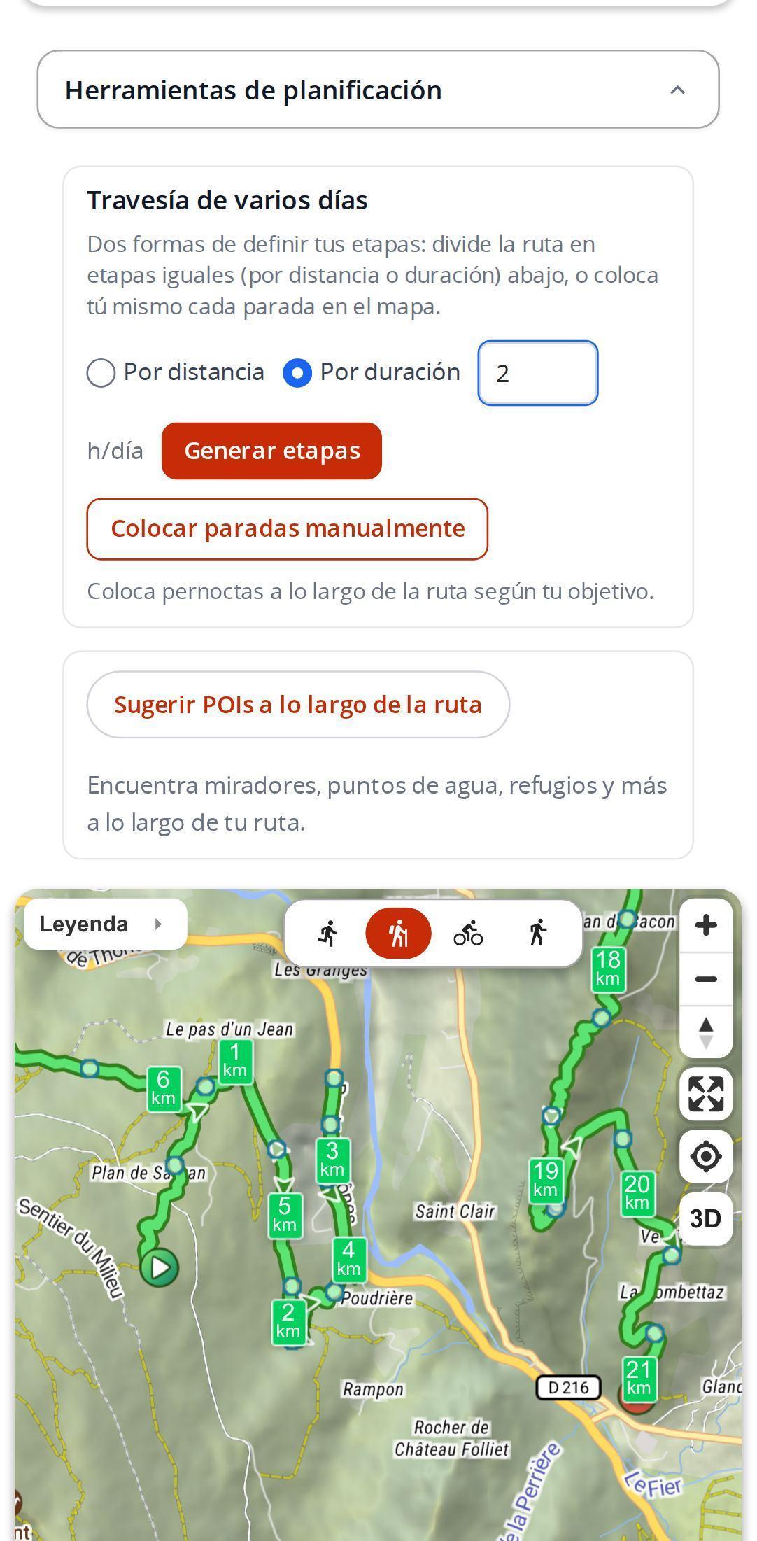 Bloque de travesía de varios días en un smartphone con MapPlanner, con la elección entre distancia y duración, el valor en horas por día y los botones para generar las etapas o colocarlas a mano
