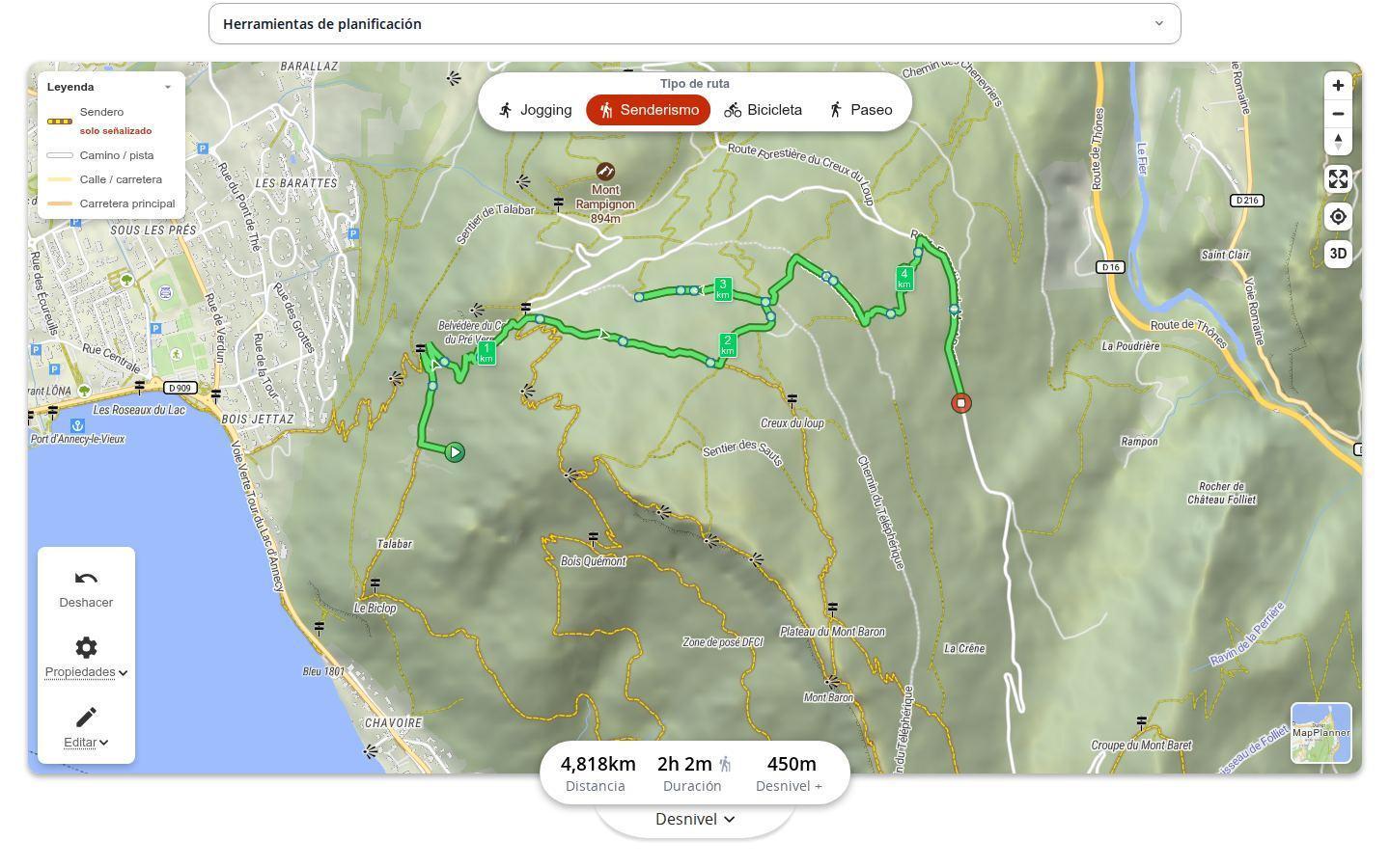 Mapa de MapPlanner en ordenador con la opción de senderos señalizados activada: los senderos señalizados destacan con un borde de color, los demás caminos aparecen atenuados y la ruta sigue las marcas