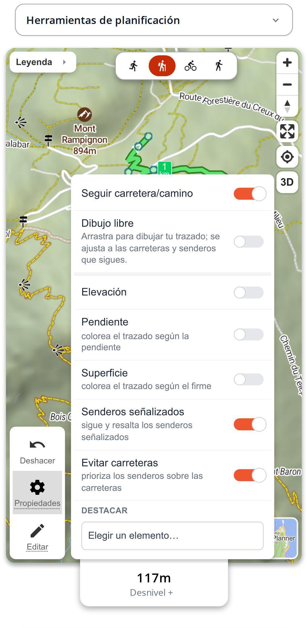 Propiedades del mapa abiertas en un smartphone en MapPlanner con los interruptores de senderos señalizados y para evitar carreteras activados, sobre un mapa donde destacan los senderos señalizados