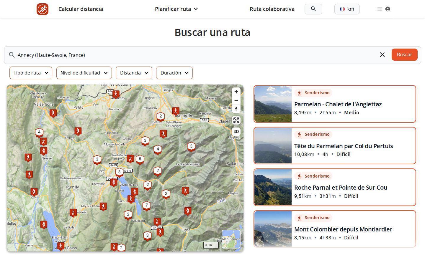 Página de búsqueda de rutas de MapPlanner en ordenador: mapa de las rutas encontradas alrededor de Annecy, lista de resultados a la derecha y filtros por tipo de ruta, nivel de dificultad, distancia y duración