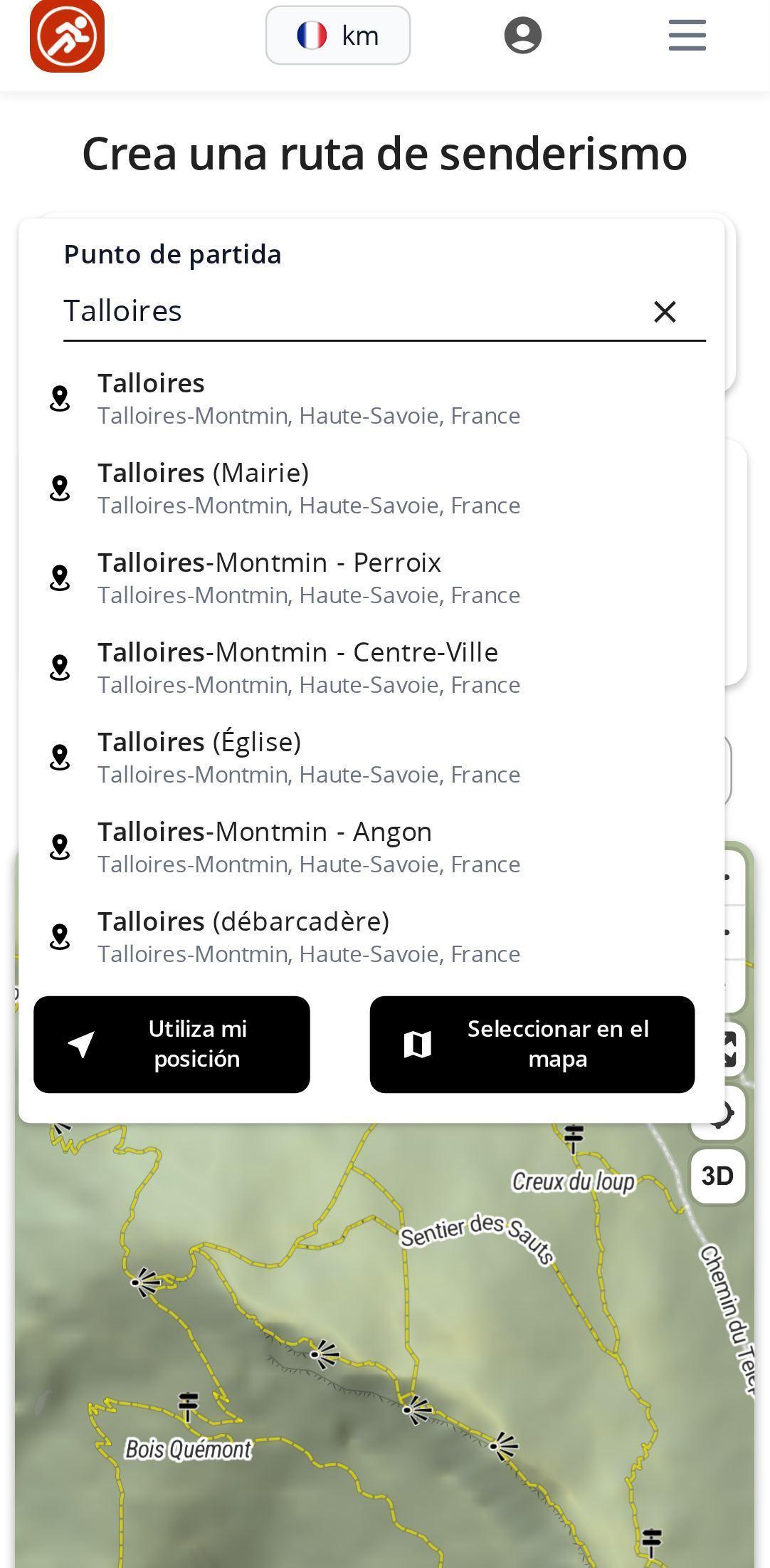 Búsqueda de un lugar en smartphone en el planificador de MapPlanner: buscador con la lista de sugerencias y los botones para usar tu posición o seleccionar un punto en el mapa