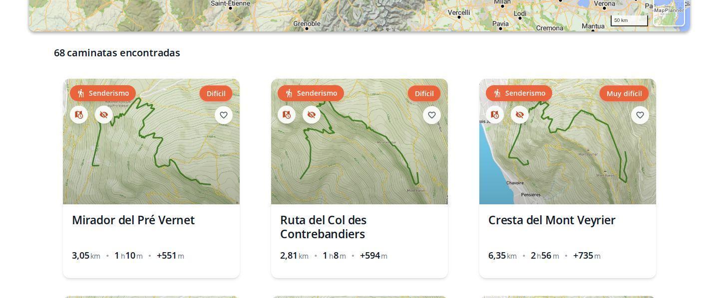 Lista de recorridos planificados en MapPlanner en ordenador, con varias rutas de senderismo guardadas, su mapa, su distancia, su duración y su desnivel