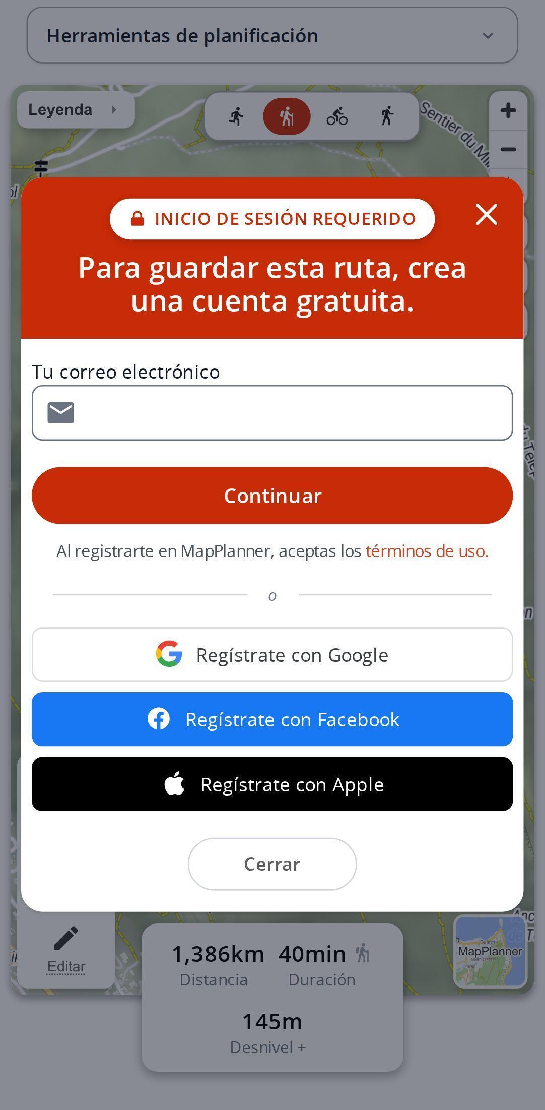 Ventana de guardado en MapPlanner en un smartphone: campo de correo electrónico, botón para continuar e inicio de sesión con Google, Facebook o Apple sobre una ruta trazada