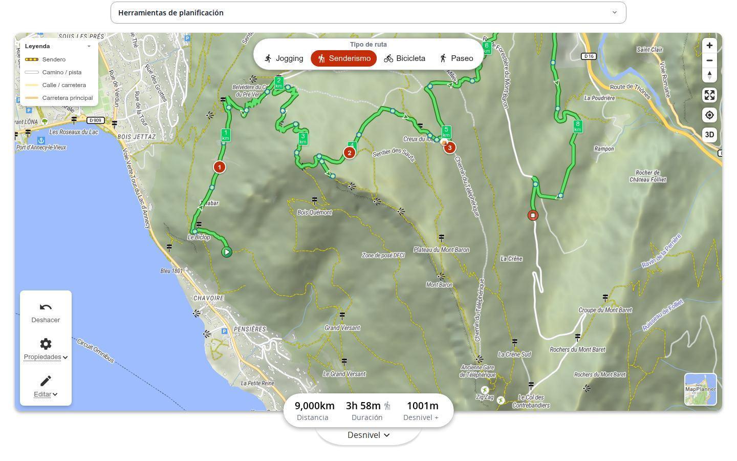 Ruta de senderismo sobre el lago de Annecy en MapPlanner en ordenador, con tres etapas numeradas sobre el trazado y las estadísticas: 9,0 km, 3 h 58 min y 1001 m de desnivel positivo