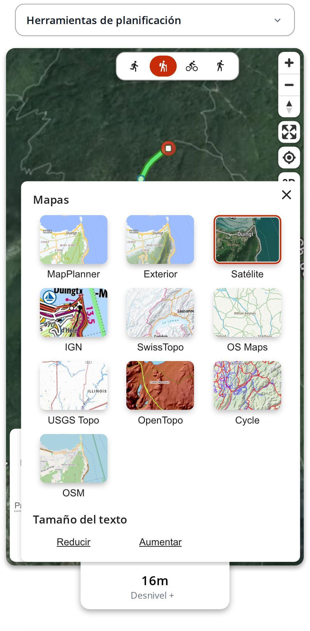 Panel de mapas abierto en un smartphone en MapPlanner, con la vista satélite seleccionada y el ajuste del tamaño del texto