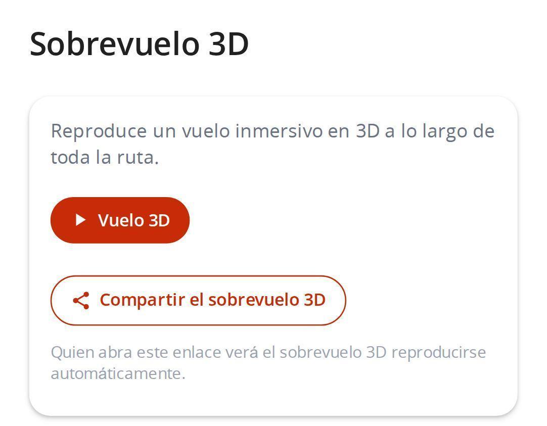 Bloque Sobrevuelo 3D en la página de una ruta de MapPlanner, con los botones Vuelo 3D y Compartir el sobrevuelo 3D
