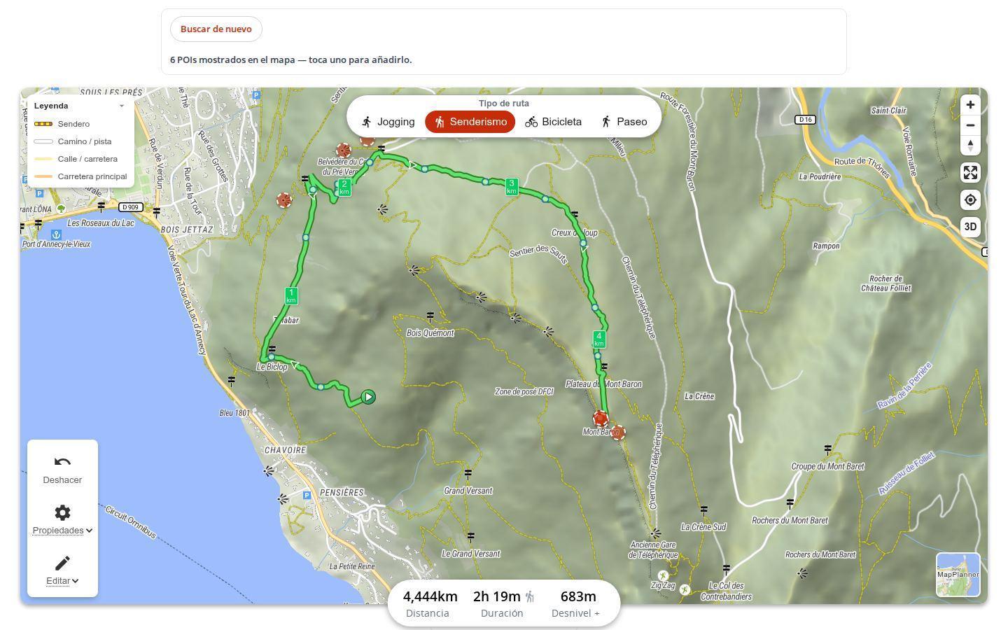 Ruta de senderismo trazada en el planificador de MapPlanner en un ordenador, con los marcadores de los puntos de interés sugeridos a lo largo del trazado y, encima del mapa, el botón Buscar de nuevo