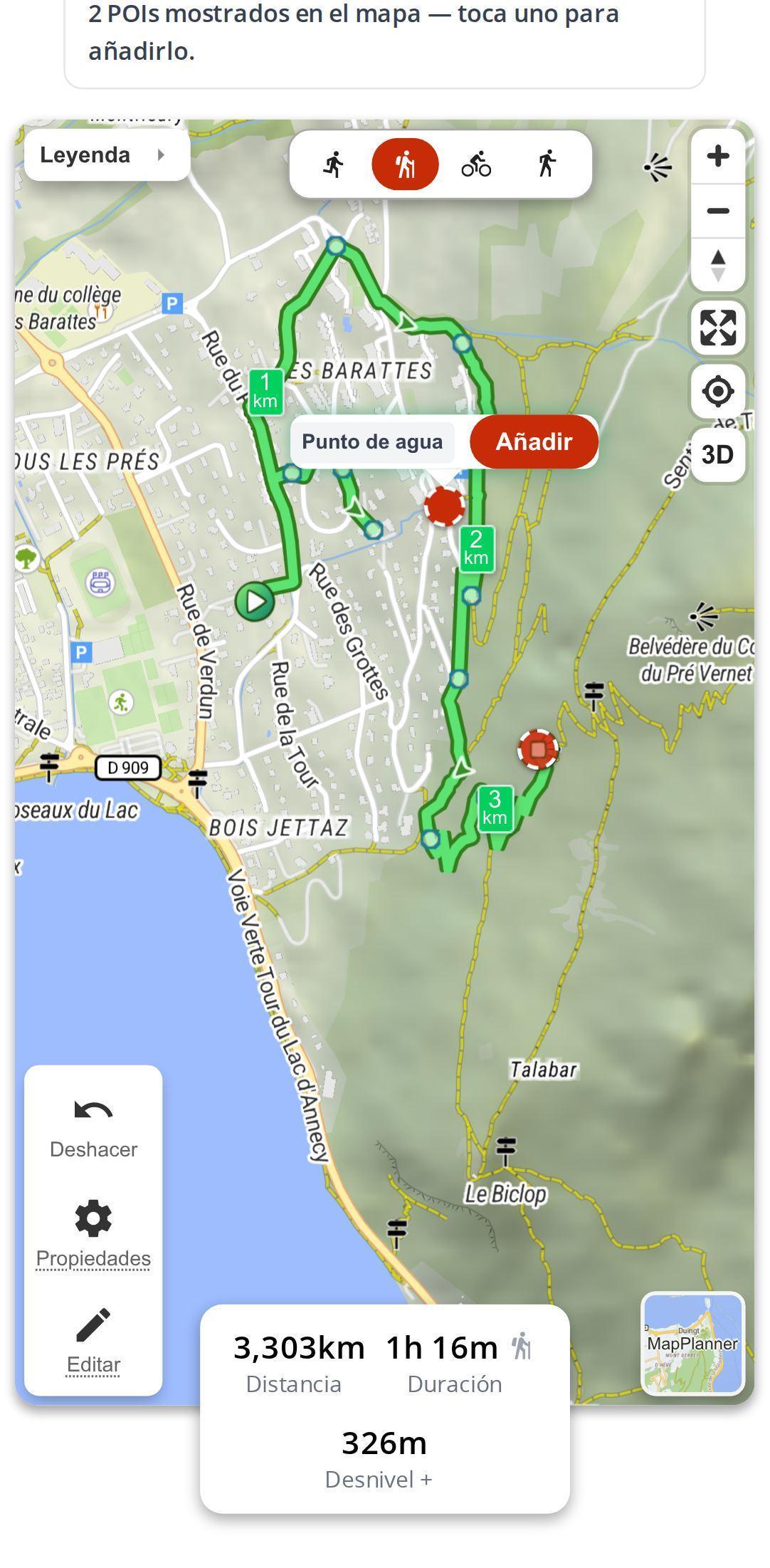Sugerencias de POIs en un smartphone en MapPlanner: marcadores a lo largo del trazado y la burbuja de un punto de agua con el botón Añadir