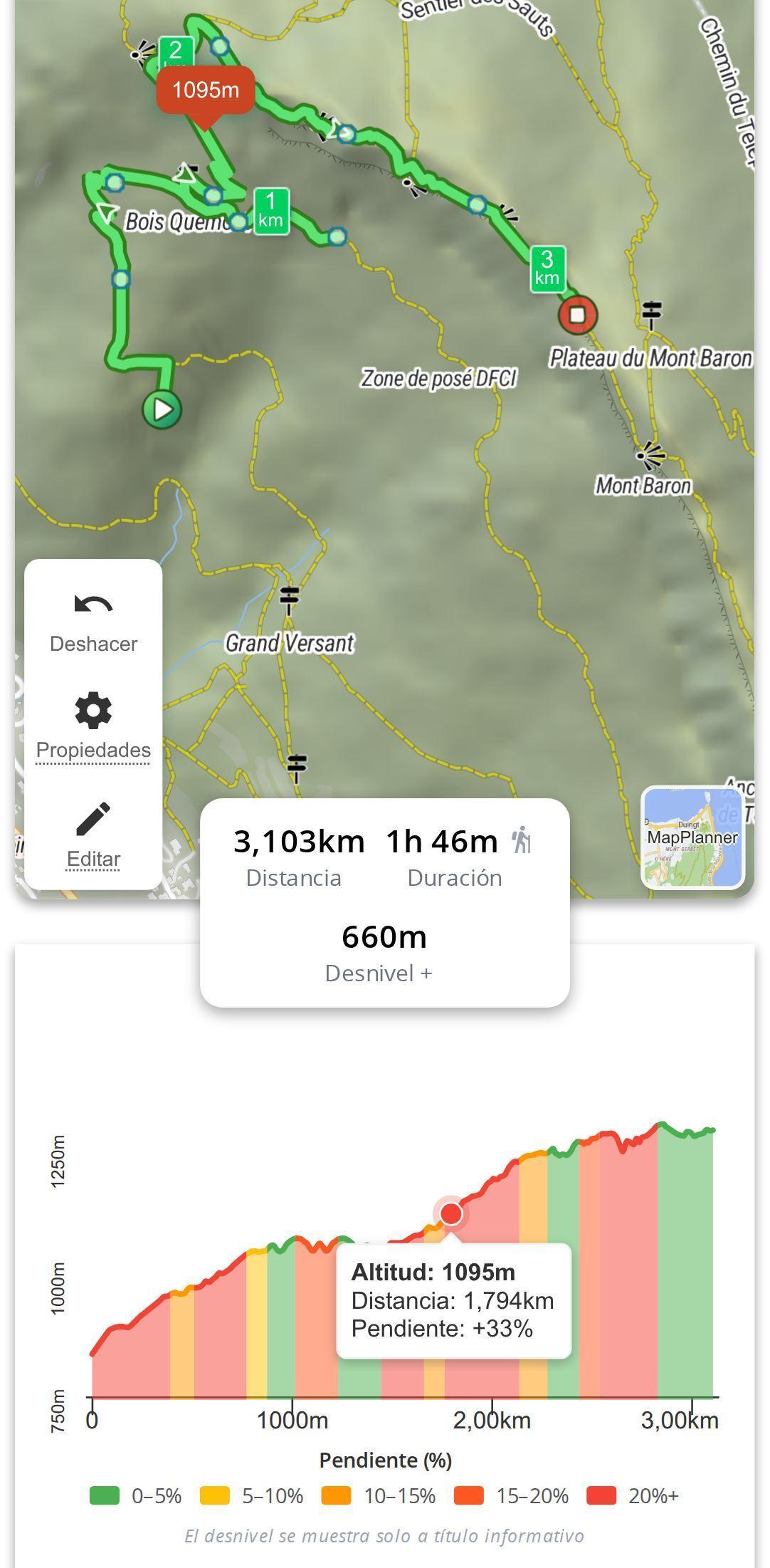 Perfil de elevación de una ruta en un smartphone en MapPlanner, con la burbuja que indica altitud, distancia y pendiente en el punto tocado y el marcador correspondiente en el mapa