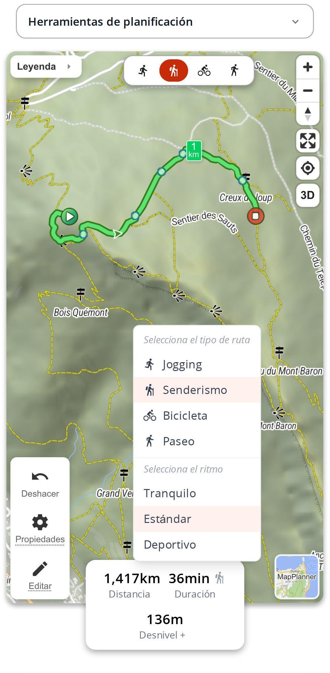 Menú de la duración estimada en un smartphone en MapPlanner, con la elección del tipo de ruta y del ritmo: tranquilo, estándar o deportivo
