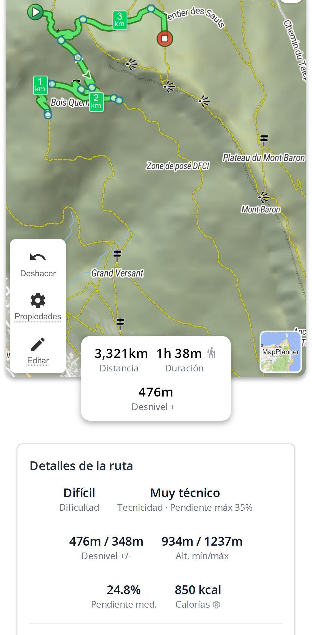 Nivel y dificultad técnica de una ruta de senderismo en un smartphone en MapPlanner, mostradas en los detalles de la ruta bajo el mapa