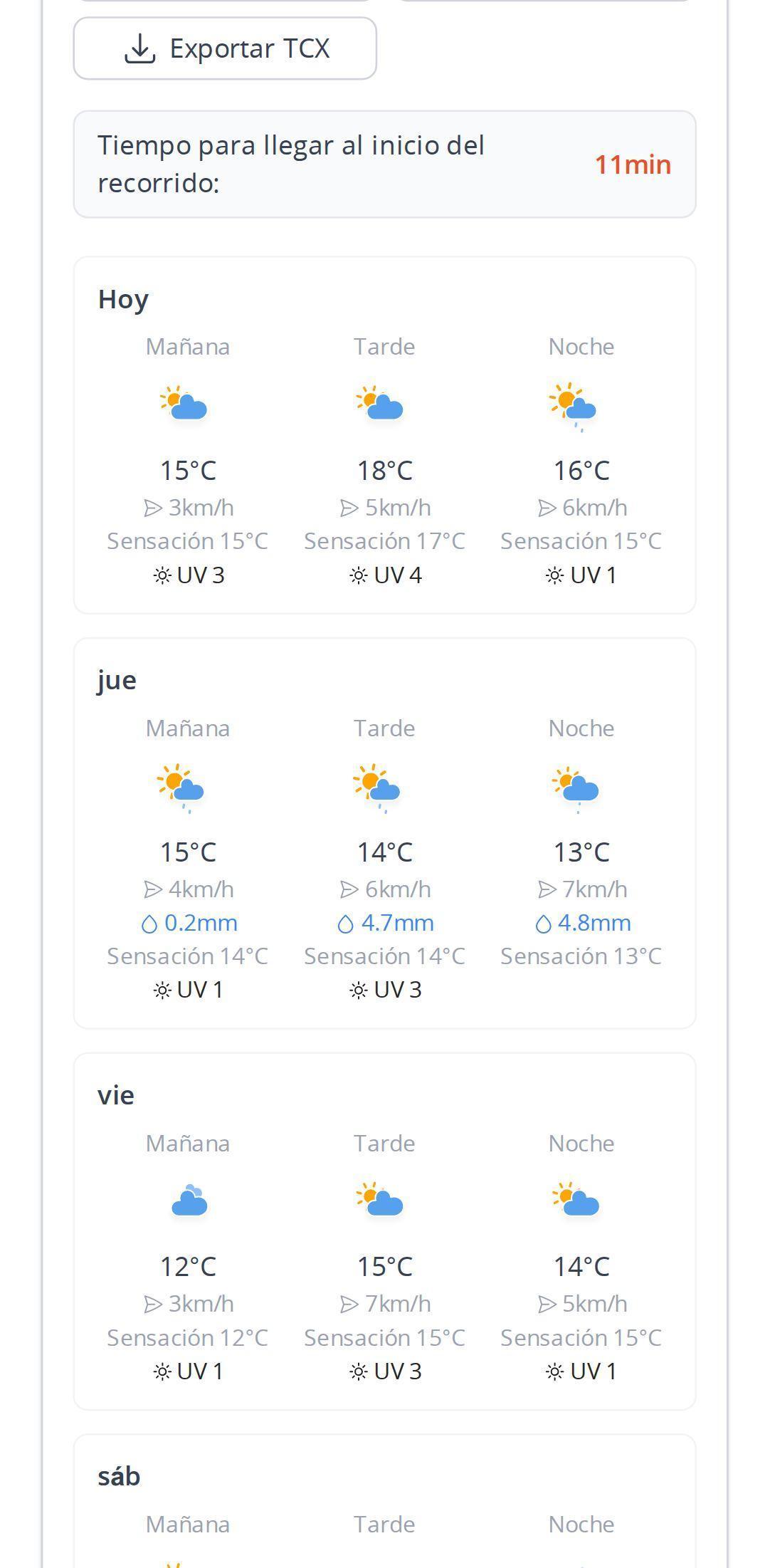 Previsión meteorológica detallada en el punto de inicio en un smartphone en MapPlanner, con mañana, tarde y noche para cada día, temperatura, viento, lluvia, sensación térmica e índice UV