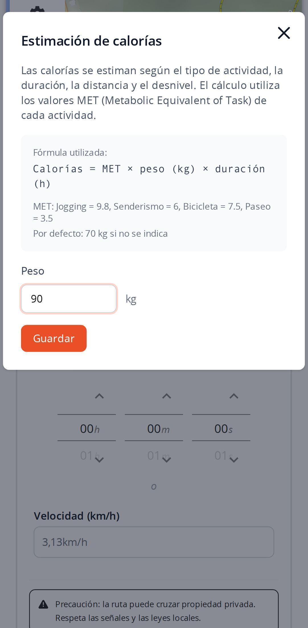 Ventana de estimación de calorías en un smartphone en MapPlanner, con la fórmula utilizada, los valores MET por actividad y el campo del peso
