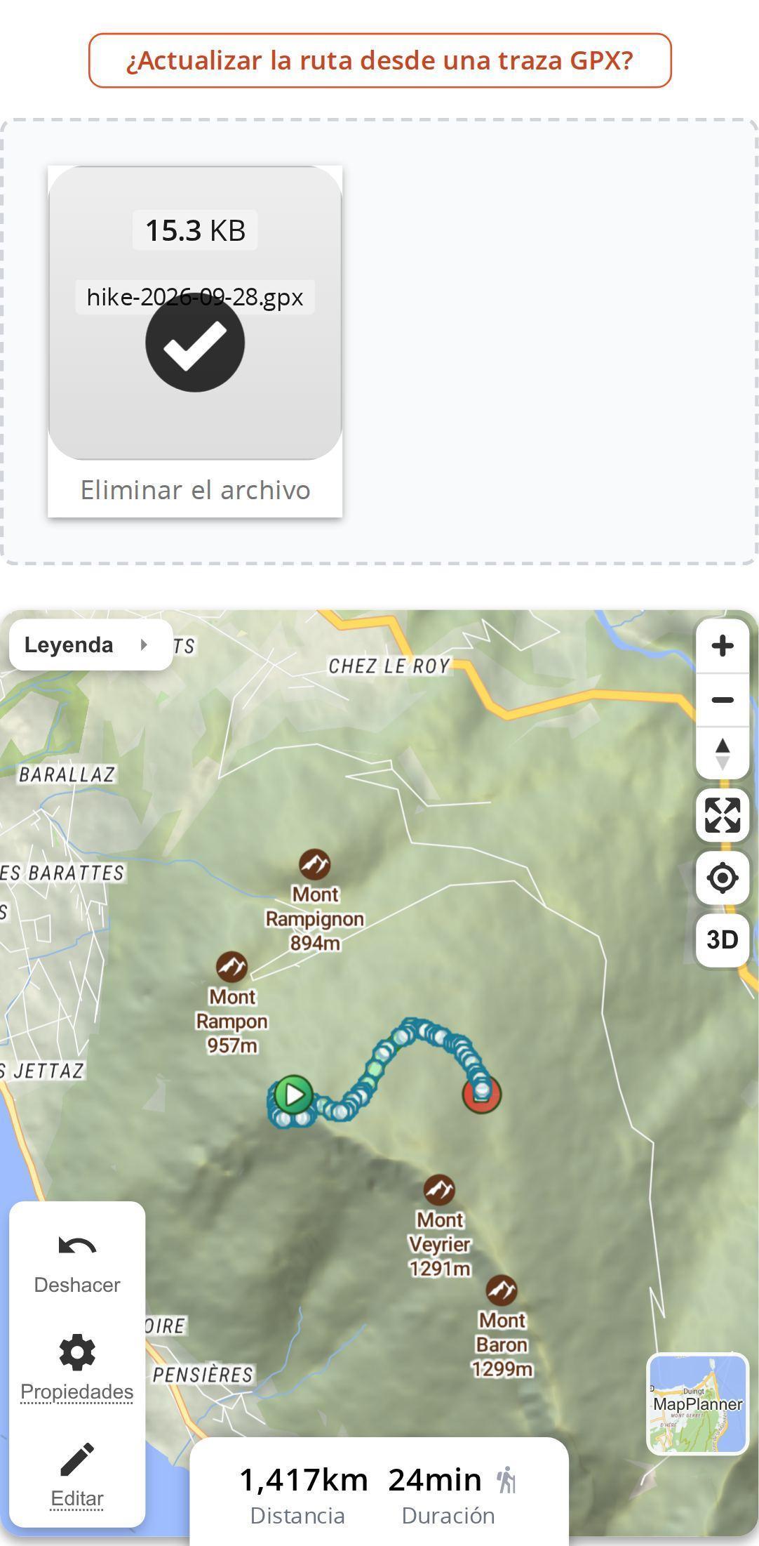 Actualización de una ruta desde una traza GPX en un smartphone en MapPlanner: archivo subido y traza mostrada en el mapa con su distancia y su tiempo