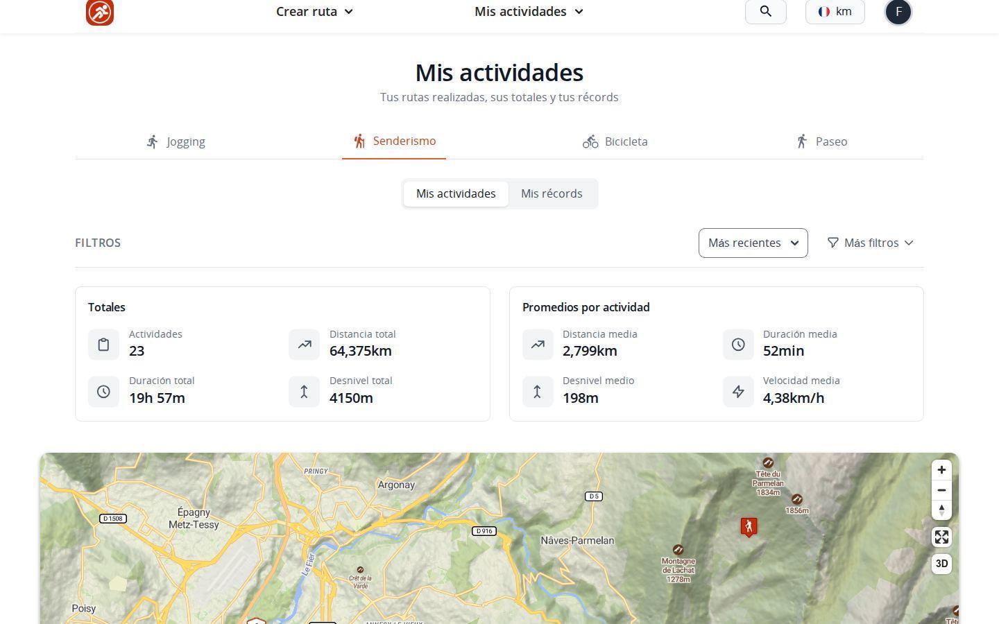 Página de tus actividades en ordenador en MapPlanner, con pestañas por actividad, los totales (número de actividades, distancia, duración y desnivel) y los promedios por actividad encima del mapa