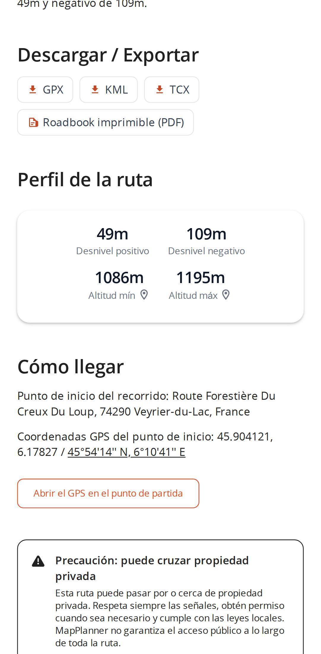 Opciones de exportación de la página de una ruta en un smartphone con MapPlanner: archivos GPX, KML y TCX y roadbook imprimible en PDF