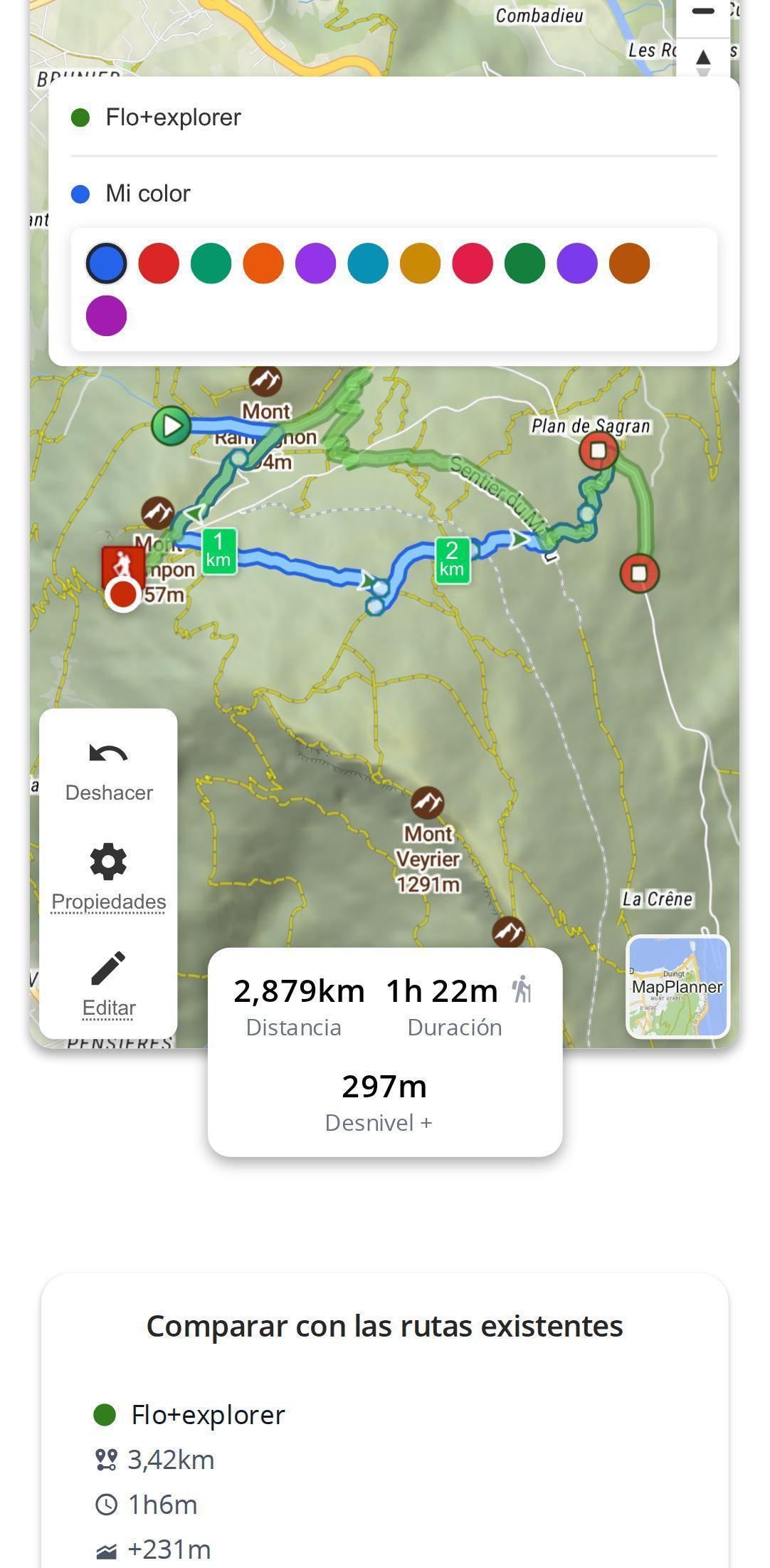 Propuesta de una ruta alternativa en un smartphone con MapPlanner: trazado en curso en el mapa, selector del color del participante y tabla de comparación con las rutas existentes