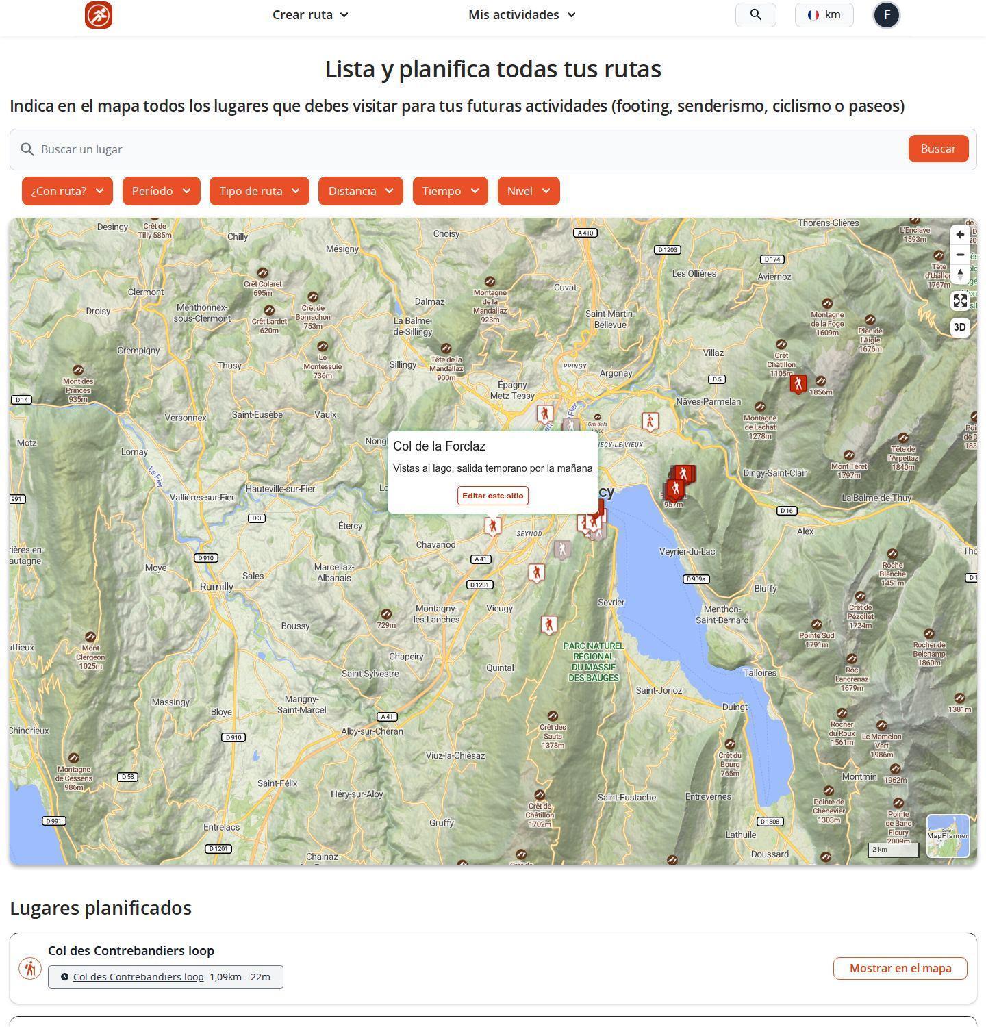 Página de planificación de MapPlanner en ordenador: mapa con varios lugares planificados y la ventana de un lugar abierta, filtros encima del mapa y lista de lugares planificados debajo