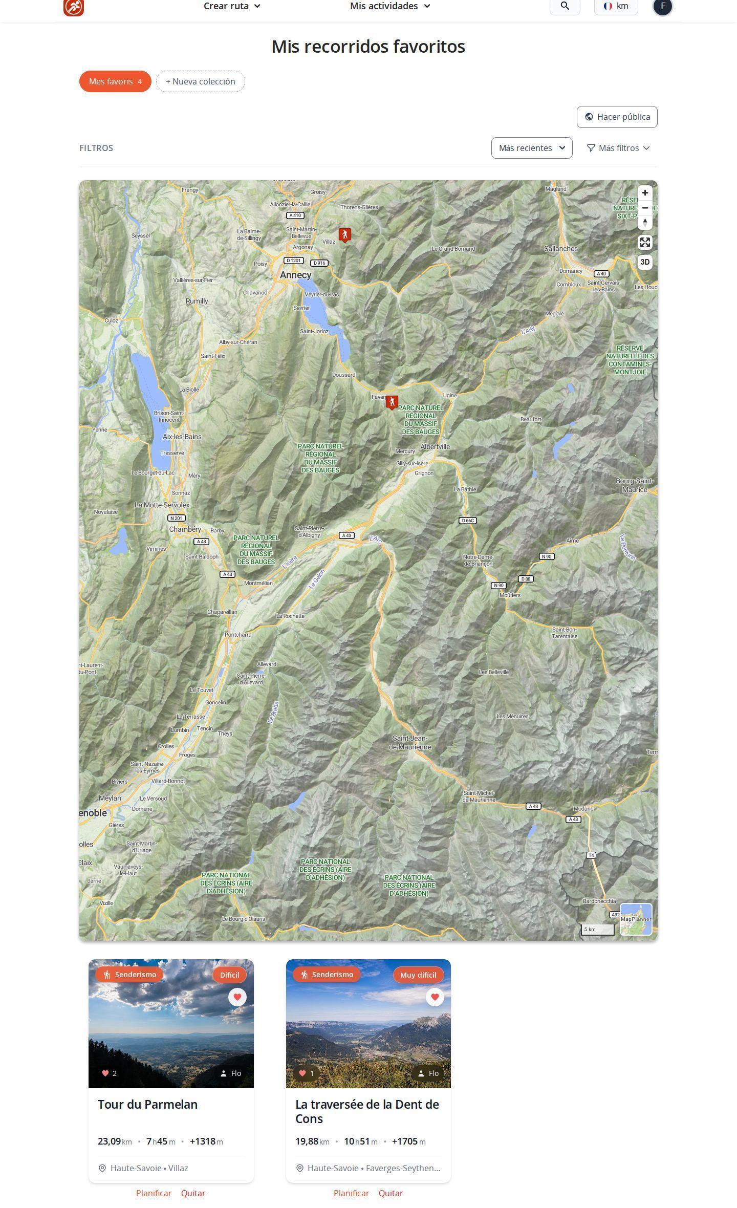 Página de recorridos favoritos de MapPlanner en ordenador: colecciones en forma de botones con su número de recorridos, mapa de los recorridos guardados y tarjetas de recorridos con sus enlaces