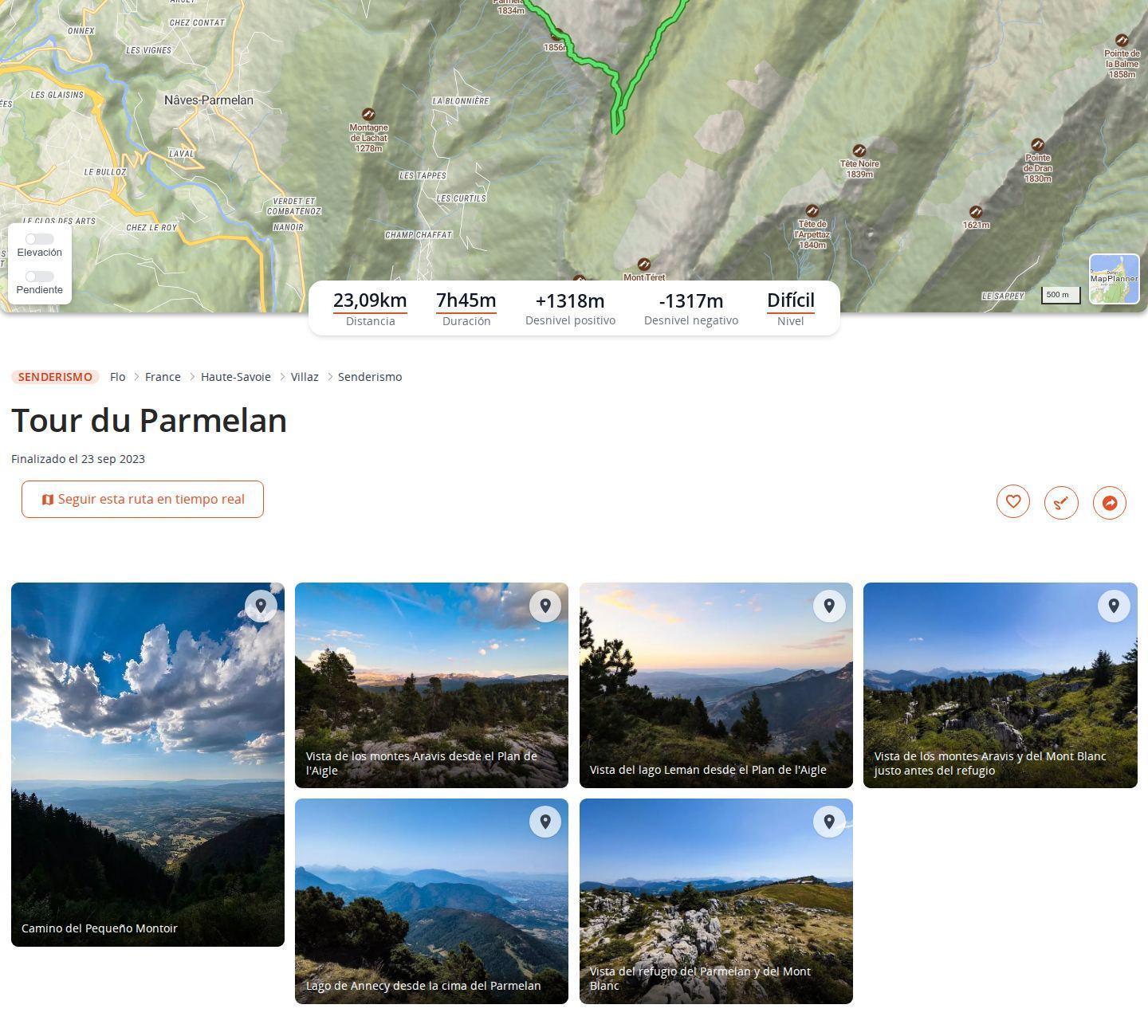 Página de una ruta de senderismo en MapPlanner en ordenador: mapa del trazado, barra de estadísticas con distancia, tiempo, desnivel y nivel; debajo, una galería de fotos con pies de foto