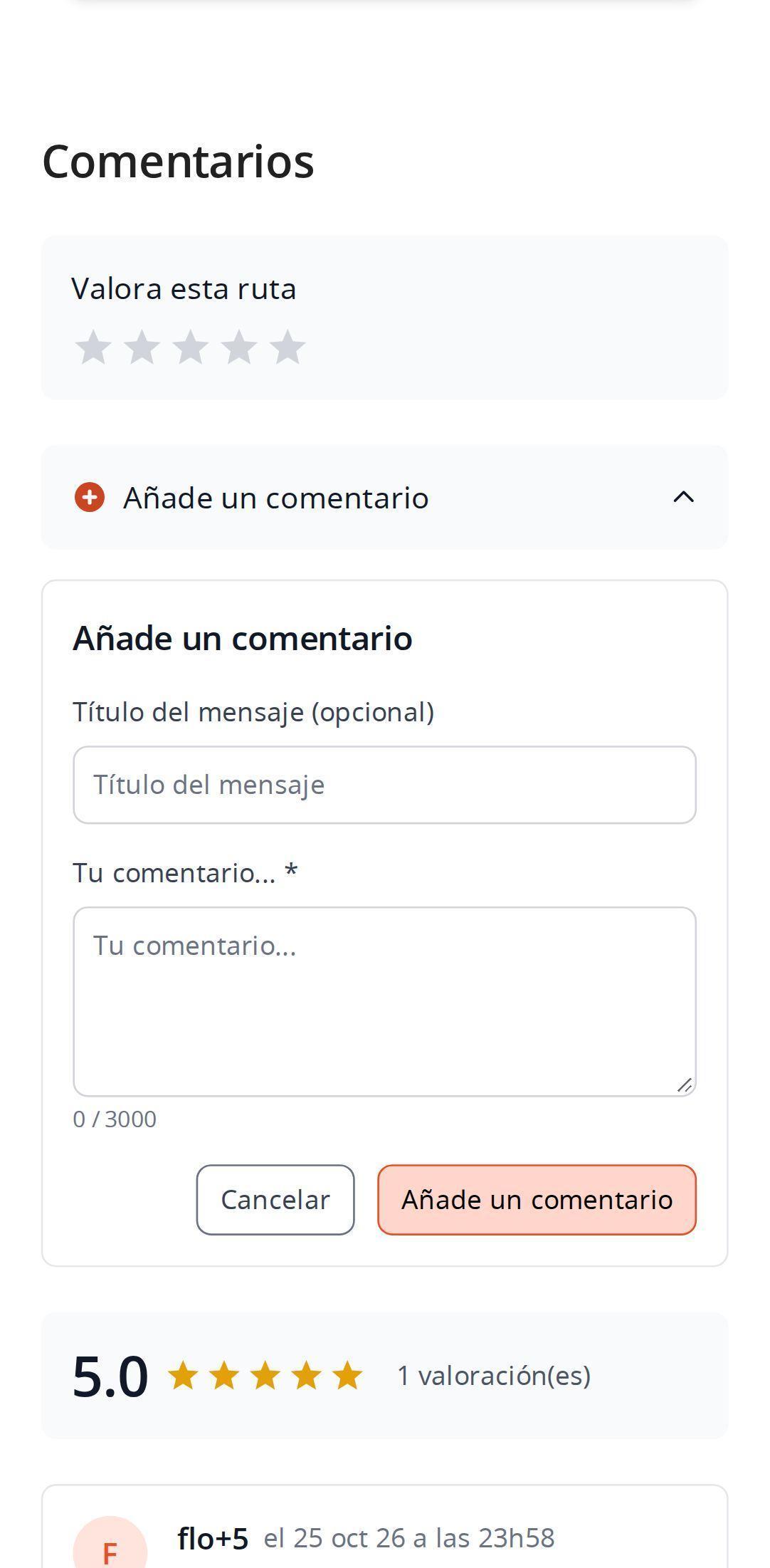 Sección de comentarios de una ruta en el móvil en MapPlanner: estrellas para valorar la ruta, formulario para añadir un comentario abierto y valoración media debajo